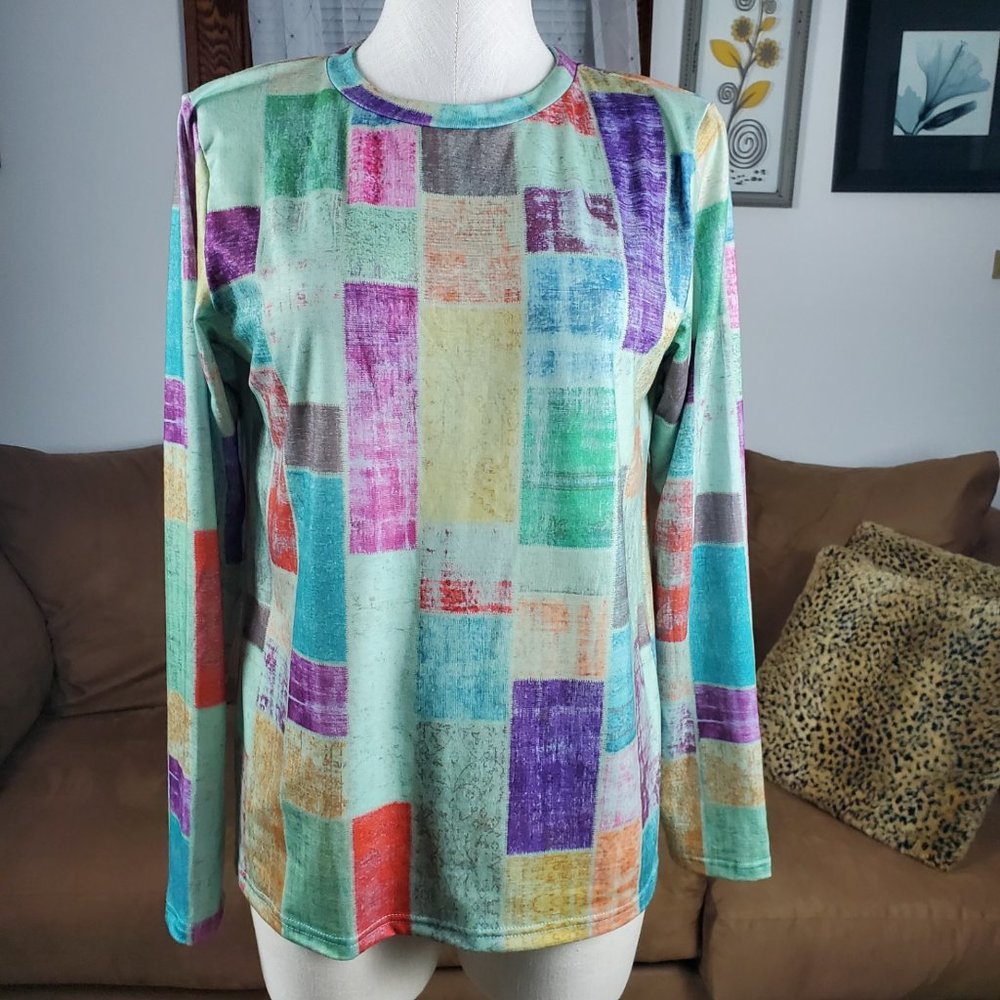 Exclusive Long Sleeve Patchwork Pattern Knit Top Size S